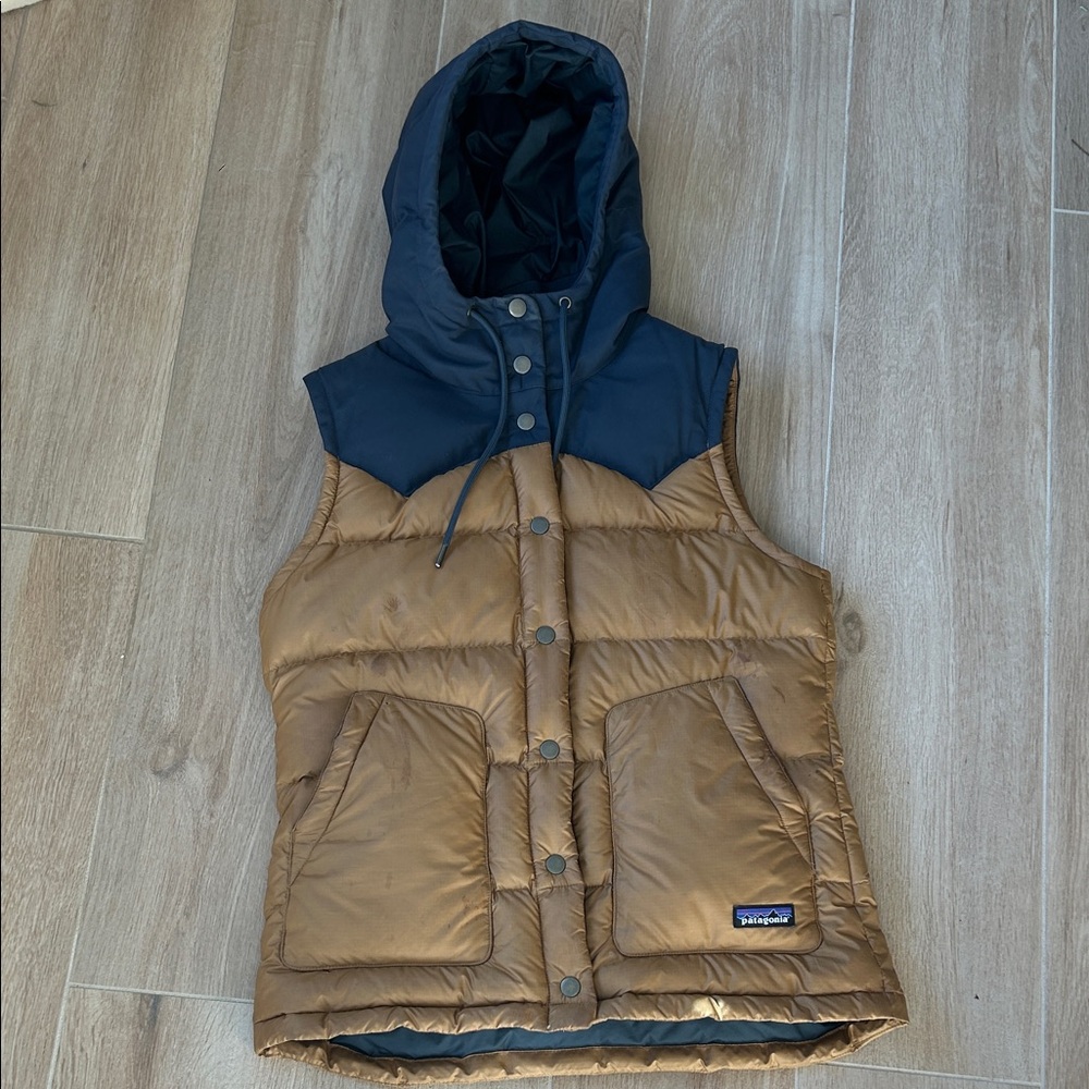 Patagonia Tan and Navy Hooded Vest